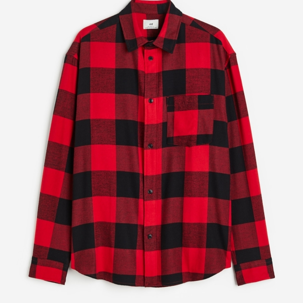 H&M Red and Black Plaid Casual Button Down Shirt